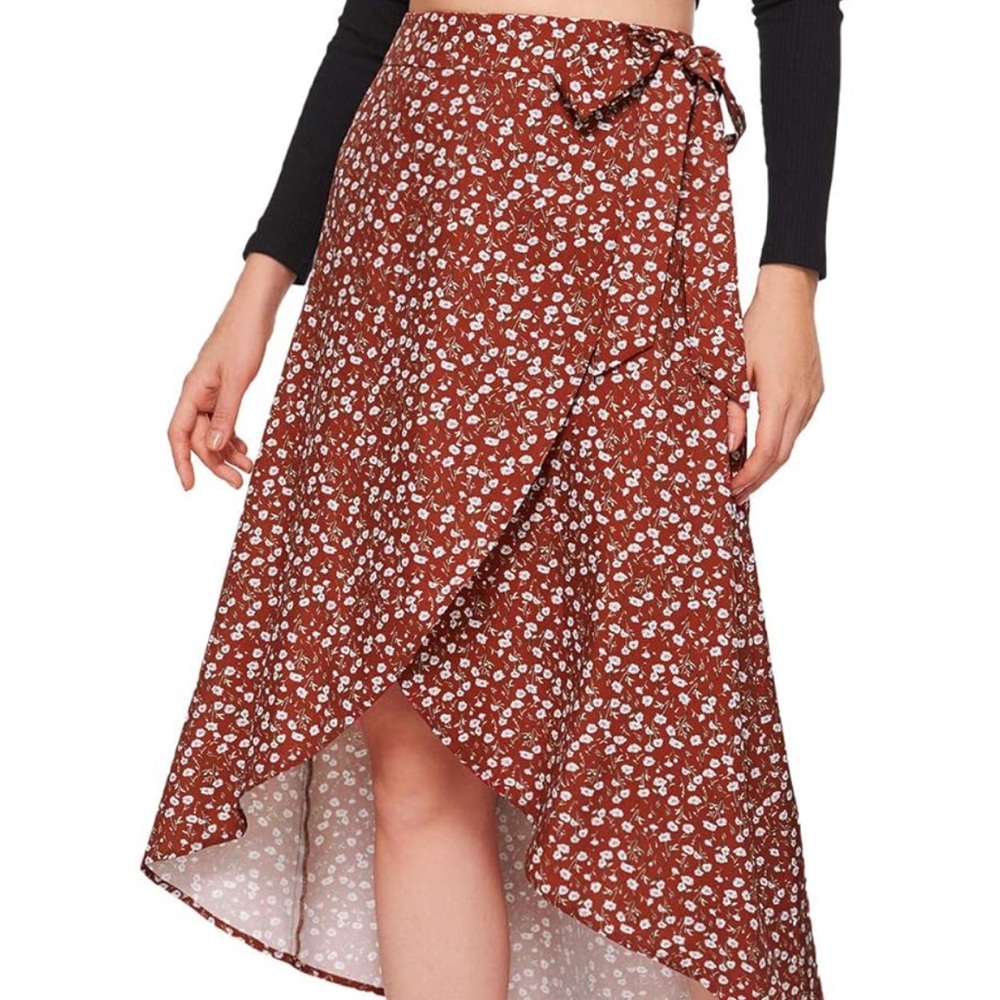 SheIn Floral Flowy Midi Skirts Wrap Ruffle High Waisted Red Wrap Medium. NWOT